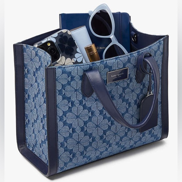 ♠️kate spade Manhattan Spade Flower Jacquard Denim Small Tote, Blue NWT - Picture 9 of 11